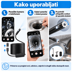 Netscroll Endoskopska kamera za telefon s 5 m kablom, HD sliko in 8 LED lučmi, EndoCam