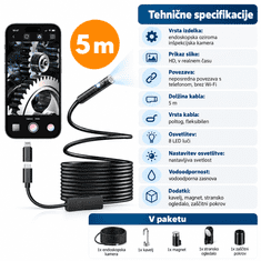 Netscroll Endoskopska kamera za telefon s 5 m kablom, HD sliko in 8 LED lučmi, EndoCam