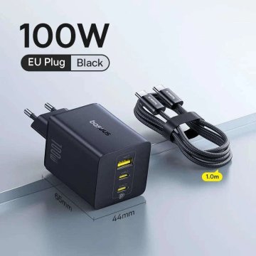 KJB GaN polnilnik 100 W, 2 USB-C in USB-A, EU, črn, s kablom