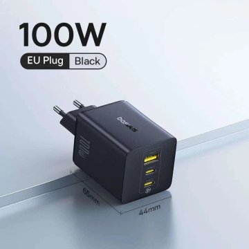 KJB GaN polnilnik 100 W, 2 USB-C in USB-A, EU, črn