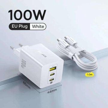 KJB GaN polnilnik 100 W, 2 USB-C in USB-A, EU, bel, s kablom