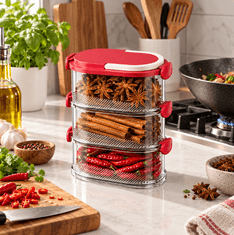 HOME & MARKER® Organizator za začimbe za kuhinjski pult, večnivojski, z zrakotesnimi tesnili, snemljivi predelki, plastika, varna za živila | SPICEKEEP