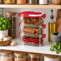 HOME & MARKER® Organizator za začimbe za kuhinjski pult, večnivojski, z zrakotesnimi tesnili, snemljivi predelki, plastika, varna za živila | SPICEKEEP