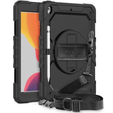 GS Oklepni ovitek za iPad 10,2" 2021/2020/2019 (9./8./7. generacija), 360-stopinjska zaščita z držalom za pisalo, črne barve