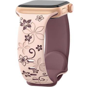 GS Silikonski pašček za Apple Watch 1/2/3/4/5/6/7/8/9/10/11/SE Ultra 1/2/3 42/44/45/46/49 mm, cvetlični vzorec, roza / vijolična