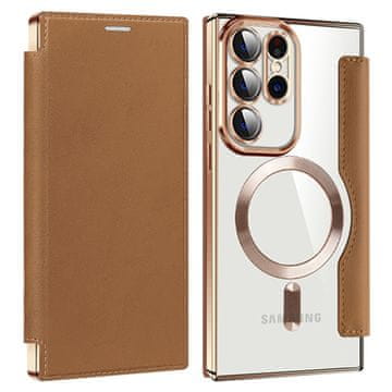 GS Ovitek za Samsung Galaxy S23 Ultra z naslonom, RFID denarnica MagSafe z zaščito kamere, rjava