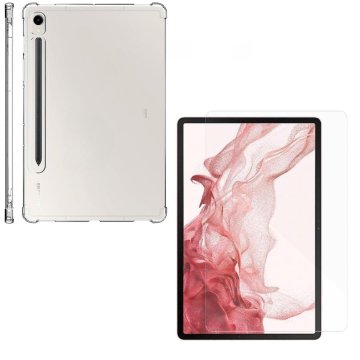GS Komplet ovitkov za Samsung Galaxy Tab S9, z držalom za pisalo, silikonski, prozoren + steklo