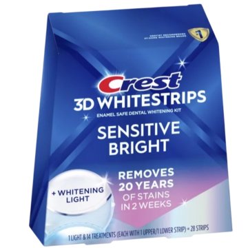Škatla s 14 vrečkami, 3D White Sensitive Bright trakovi za beljenje zob, z UV-svetlobo, 6 % koncentracija, 30 minut, 14-dnevna uporaba