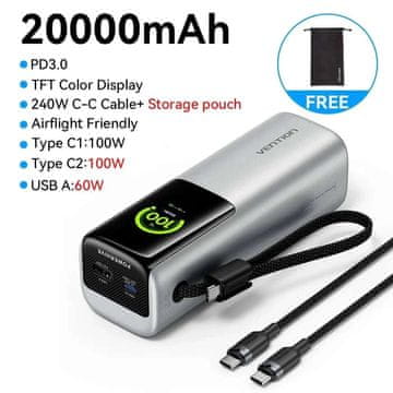 KJB Prenosna baterija 20.000 mAh, do 165 W, z vgrajenim USB-C kablom, srebrna, 20.000 mAh