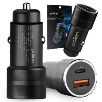 Avtomobilski polnilnik za telefon 12V USB-C 48W | USB-C | USB-A | QC | PD