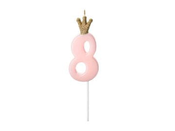 PartyDeco Rojstnodnevna sveča številka 8 s krono, svetlo roza
