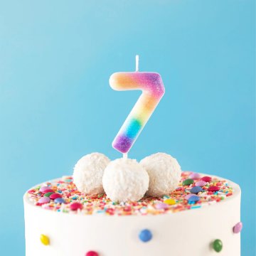 PartyPal Svečka za torto številka 7 Seven Rainbow Seven z bleščicami
