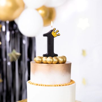 PartyPal Svečka za torto številka 1 ena črna z bleščečo krono