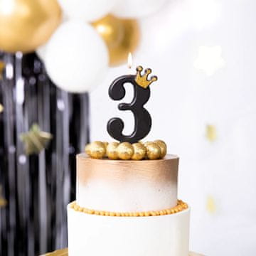 PartyPal Svečka za torto številka 3 Tri črne barve z bleščečo krono