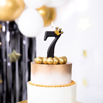 PartyPal Svečka za torto številka 7 sedem črna z bleščečo krono