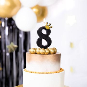 PartyPal Svečka za torto številka 8 Osem črna z bleščečo krono