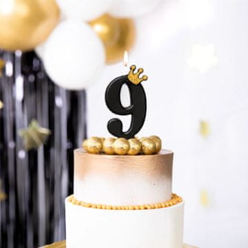PartyPal Svečka za torto številka 9 devet črna z bleščečo krono