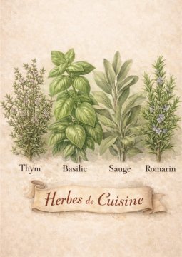 Plakat 30x40 cm za kuhinjo Herbes de Cuisine starinska zelišča