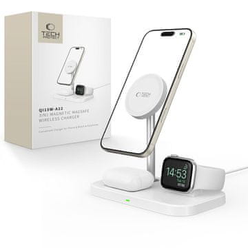Tech-protect Brezžični polnilnik 3 v 1 s stojalom za pametni telefon Apple Watch AirPods MagSafe - bel