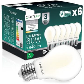 LUMILED 6x LED žarnica E27 A60 3,8W 840lm = 60W 4000K Nevtralna 360° žarnica z žarilno nitko RAZREDA A