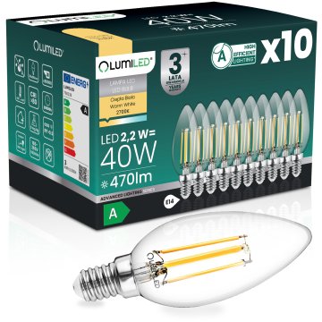 LUMILED 10x LED žarnica E14 svečka B35 2,2 W 470 lm = 40 W 2700 K topla 360° nitka razreda A