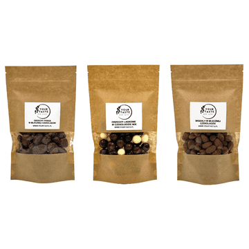 Pekani, preliti s čokolado 500 g + mandlji, preliti s čokolado 500 g + lešniki, preliti s čokolado 500 g