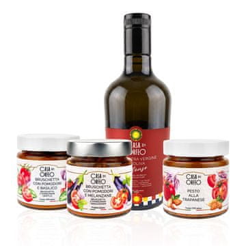 Sicilijanski paradižniki - INTENSO olivno olje + pesto alla Trapanese + brusketa z jajčevci in baziliko