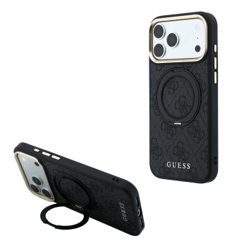 Guess Originalni ovitek PU 4G Ring Stand MagSafe za iPhone 18 Pro Max / iPhone 17 Pro Max, črn