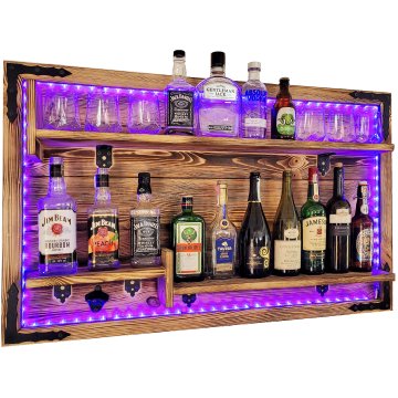 Viseča stenska polica z RGB LED osvetlitvijo, domači bar, rustikalen, ročno izdelan bar