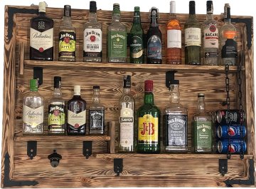 Stenska polica za domači bar. Rustikalna lesena viseča palica, ročno izdelana, 112x72x14cm