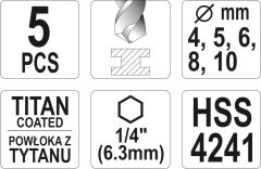 YATO KOMPLET SVEDROV ZA KOVINO IZ TITANA 4-10 MM, 5-DELNI. ŠESTRUKI ROČAJ 1/4"" / YT-44700 /