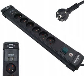Brennenstuhl Podaljšek 6 vtičnic 3m 2xUSB H05VV-F3G1.5 črne barve Premium-Line