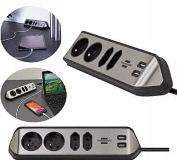 Brennenstuhl Kotni podaljšek 4 vtičnice 2 USB 2m H05VV-F3G1.5 črne barve Estilo za kuhinjo in pisarno BRENNESNTUHL