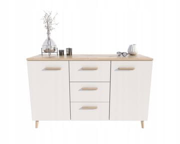 BELA komoda s 3 predali velika, prostorna omarica MALMO 150 cm skandinavski stil