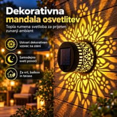 Netscroll Solarna stenska svetilka z dekorativnim mandala vzorcem in IP44 zaščito, OrnaLight, zlatorumena