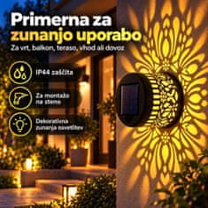 Netscroll Solarna stenska svetilka z dekorativnim mandala vzorcem in IP44 zaščito, OrnaLight, zlatorumena