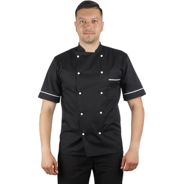 Kuharska bluza unisex črna XXL kratek rokav z gumbi in žepkom na prsnem delu za profesionalno gostinstvo catering gostinske šole kuharska srajca udobna prezračevalna elegantna