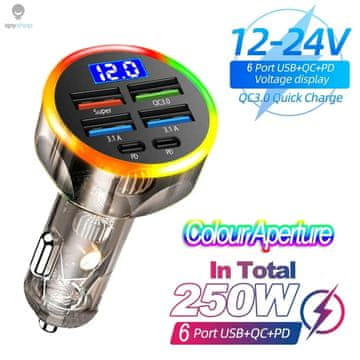 KJB Avtomobilski USB polnilnik za 12/24 V, 6 priključkov, barvna izvedba