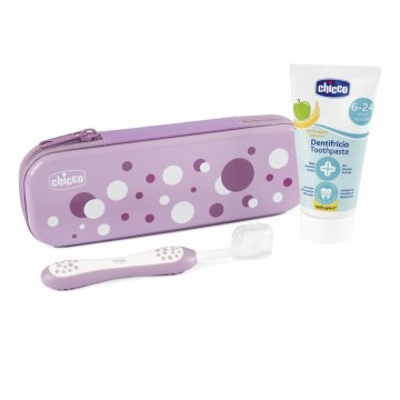 CHICCO Komplet zobne ščetke in zobne paste v kovčku Vedno nasmejan - lila, 6m+