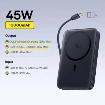 KJB Magnetna prenosna baterija 10.000 mAh, brezžično do 25 W, črna