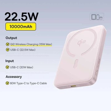 KJB Magnetna prenosna baterija 10.000 mAh, brezžično do 15 W, rožnata