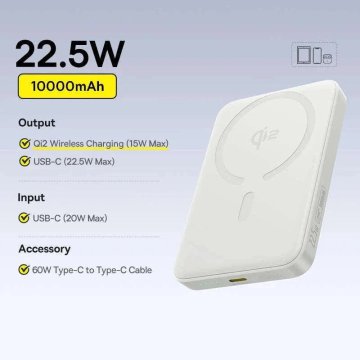 KJB Magnetna prenosna baterija 10.000 mAh, brezžično do 15 W, bela