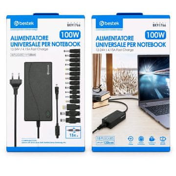 bestek 15v1 100W 12-24V Univerzalni polnilec za prenosnike in monitorje, nastavljiva napetost