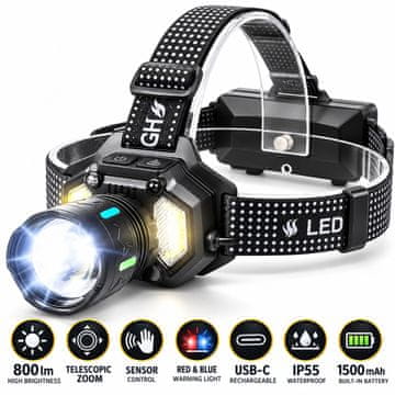 Polnilna LED Naglavna Svetilka 800 lm z Zoomom in Senzorjem Gibanja