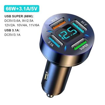 KJB Avtomobilski USB polnilnik s štirimi priključki in zaslonom napetosti, 12–24 V