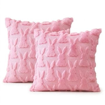 Komplet 2 dekorativnih prevlek za blazine 50x50 cm, žametne prevleke z motivom zajčka, mehke plišaste prevleke za kavč in posteljo, roza barva, visokokakovostna imitacija volnenega žameta, 2 kosa