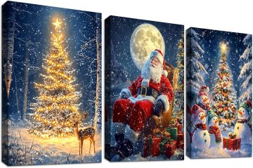 Triptih slika na platnu Božična dekoracija 3 kosi 120x60 cm, HD tisk na lesenem okvirju, božični motivi, stenska umetnost za dnevno sobo, spalnico ali pisarno, pripravljeno za takojšnje obešanje