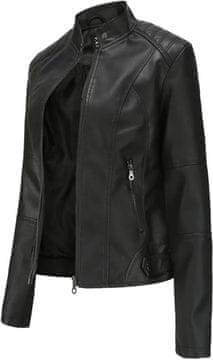 Ženska usnjena jakna bomber slim fit iz PU usnja z okrasnimi prešivi na ramenih, vetrovodporna in vodoodporna, centralni zadrgo, 2 žepa z zadrgo, podloga 100% poliester, črna, velikost S