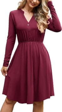Ženska midi obleka z dolgimi rokavi v casual slogu, A-line kroj, notch V-izrez, 2 stranska žepa, okrasni gumbi, 92% viskoza 8% elastan, mehka in raztegljiva, elegantna bordo, velikost S, za jesen