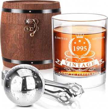 Darilni komplet za viski letnik 1995 Vintage, kristalni kozarec 350 ml, hladilni elementi in klešče, luksuzna darilna škatla, elegantno darilo za očeta, moža ali rojstni dan, vrhunsko brezsvinčevo